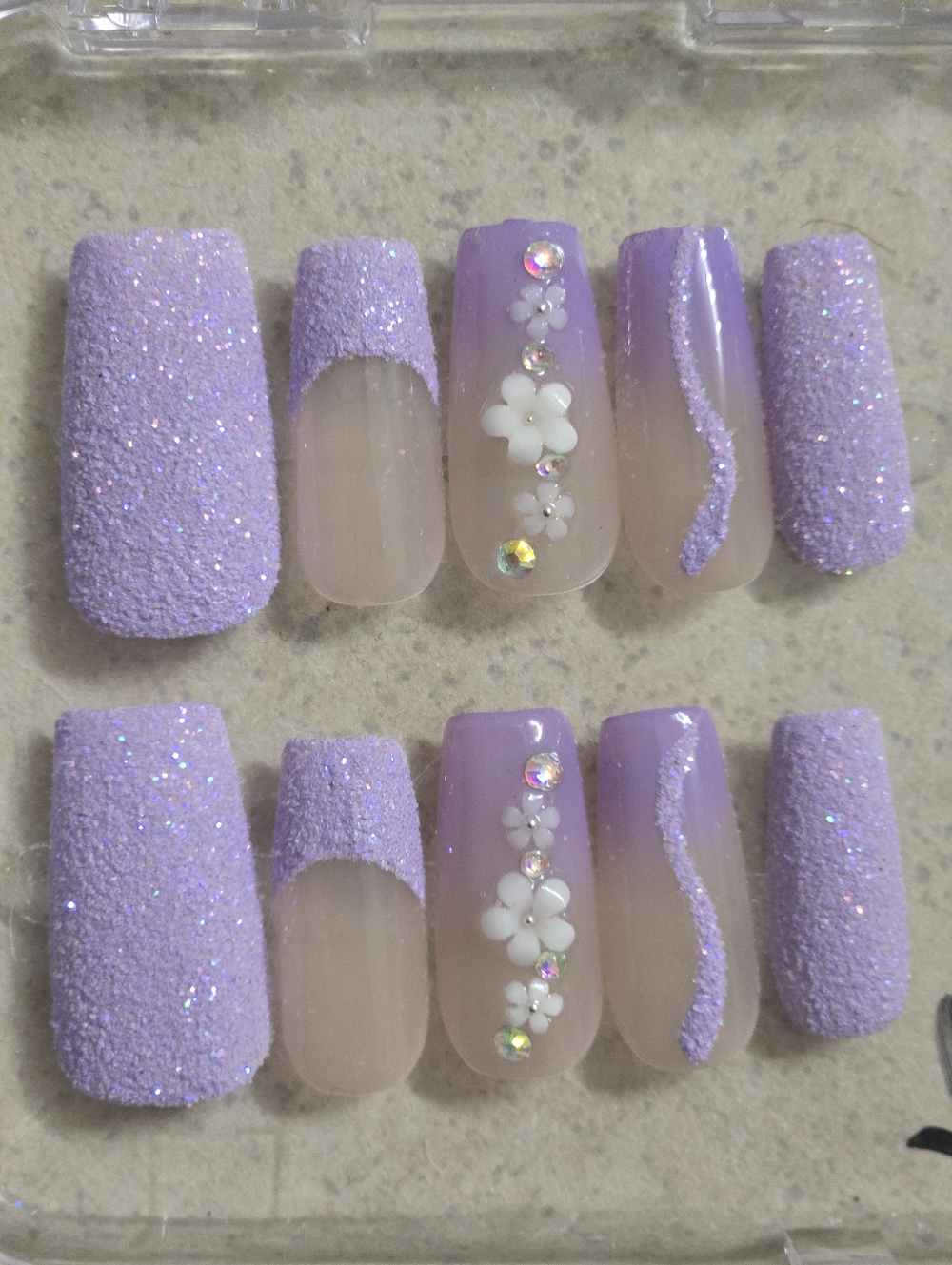 Lavender Glitter Press-On Nail Set with Floral Rhinestones, Medium Length Square